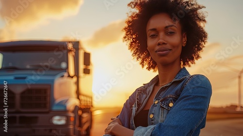 Female professional truck driver looking at camera. A sense of fulfillment shines through as the driver stands by her truck, symbolizing the triumphs of transportation.