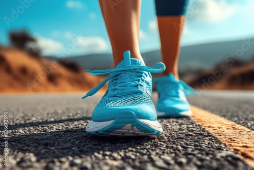 Running shoes for women on a concrete pathway. Generative Ai. © Planum