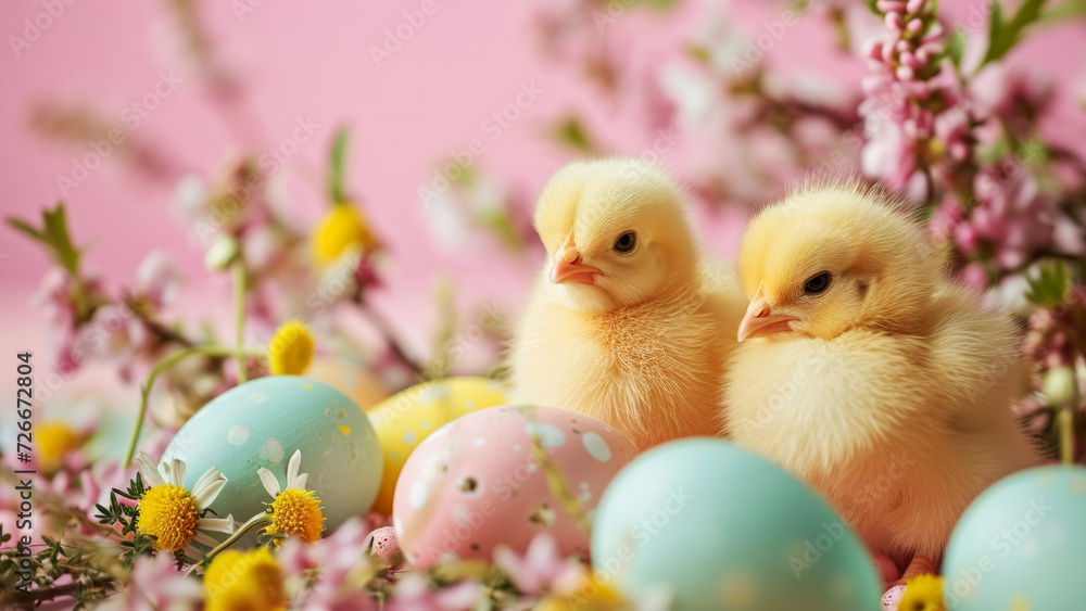 Two little chicks sitting among painted eggs and spring blossoms on a pink minimal background. Happy Easter holiday greeting card
