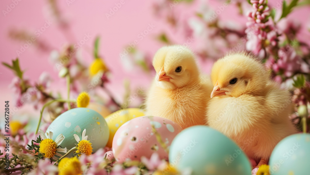 Two little chicks sitting among painted eggs and spring blossoms on a pink minimal background. Happy Easter holiday greeting card Two little chicks sitting among painted eggs and spring blossoms on a pink minimal background. Happy Easter holiday greeting card