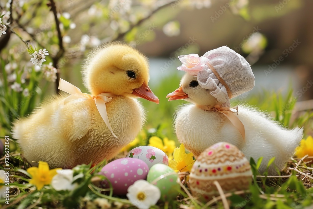 Two little ducklings with ribbons and colorful painted eggs sitting among spring flowers in green garden. Happy Easter holiday concept