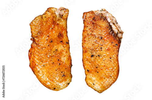 Grilled duck Breasts in a pan.  Isolated, Transparent background. photo