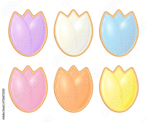 Elegant spring sugar tulip flower shaped cookies. Easter colored cake decorated with royal icing