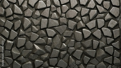 A detailed view of a textured wall with an array of irregular grey stone pieces closely packed together, creating a three-dimensional effect.