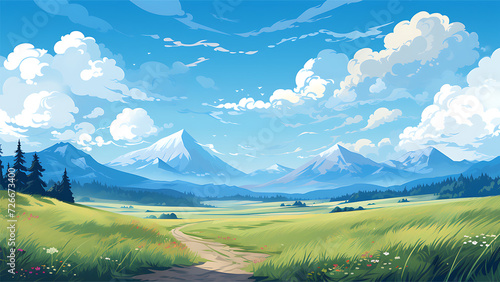 Beautiful landscape with mountains  meadow and road. Vector illustration