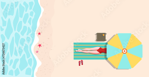 vector illustration of a woman sunbathing on the beach. This design has a theme of welcoming summer and vacation. for promotion of beach holidays. woman sunbathing
