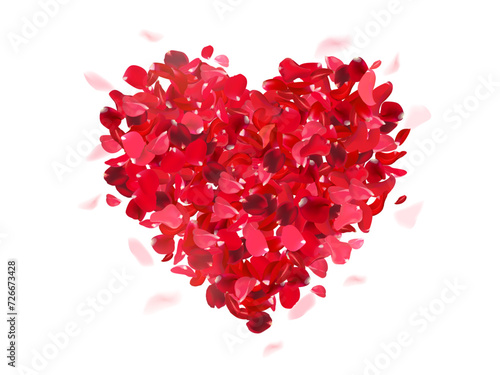 Heart arranged from red rose petals on white romantic vector card. Heart wedding celebration design. Love wreath