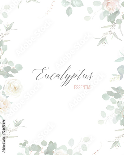 Blush pink rose flowers and mint eucalyptus vector frame. Hand painted branches, leaves on white background