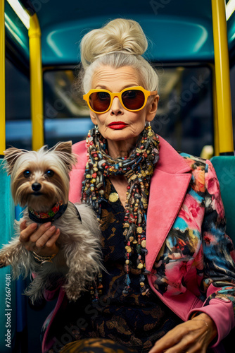Portrait of beautiful elderly woman wearing stylish bright clothes. She is sitting on bus seat with her cute Yorkshire Terrier. Self-sufficient and self-confident retired modern woman with gray hair.