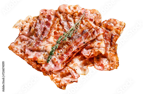 Sizzling hot bacon pieces. Organic meat.  Isolated, Transparent background.