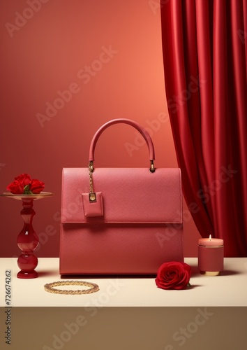 Luxurious Red Handbag. Display with Elegant Accessories and Decor