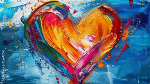 painting of a heart shape created with vibrant, multi-colored paint strokes on a canvas.