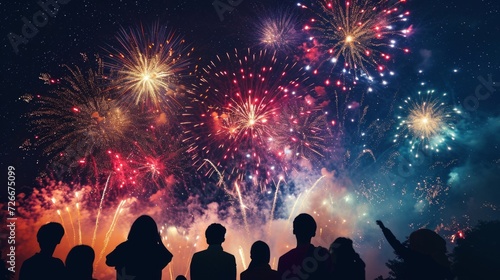 Vibrant and patriotic fireworks lighting up the night sky, celebrating people silhouettes.