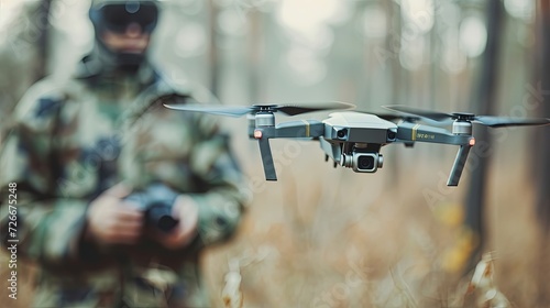 The blurred figure of operator in camouflage controls a combat drone. Drone is in focus. The operator, hidden in camouflage, guides the sharp-eyed combat drone.