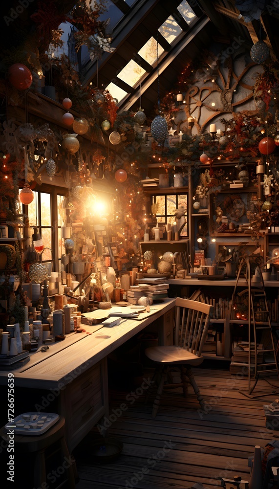 Christmas decoration in a cafe in Paris, France. Panoramic image.