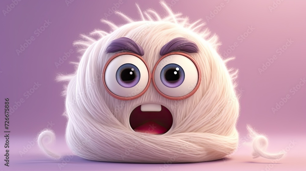 Fototapeta premium A fluffy ball-shaped surprised purple colored monster screams and waves its arms. Shocked smiley face. Funny children's toy. Facial expression. An illustration of a varied design.