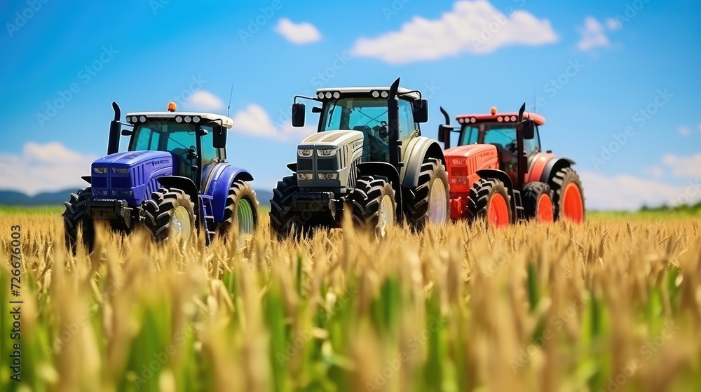 The combine is harvesting. Toy tractor in the field of cereals. Illustration for cover, card, postcard, interior design, banner, poster, brochure or presentation. The combine is harvesting. Toy tractor in the field of cereals. Illustration for cover, card, postcard, interior design, banner, poster, brochure or presentation.