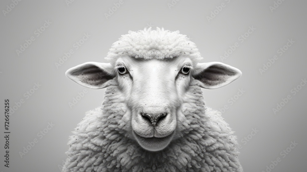 Fototapeta premium Realistic portrait of a sheep. Close-up of farm animal in monochrome style. Illustration for cover, card, postcard, interior design, banner, poster, brochure or presentation.