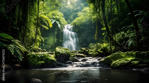 Panorama of a waterfall in the jungle of Borneo.