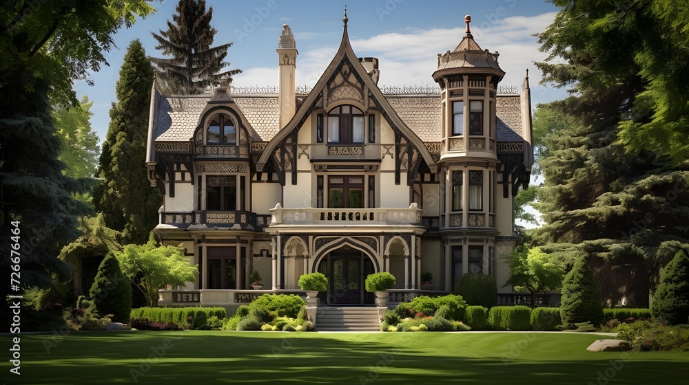 A panoramic shot of a beautiful mansion in the park.