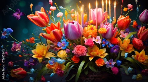 festive beautiful bouquet of flowers with candles. Birthday bouquet. Flowers for women