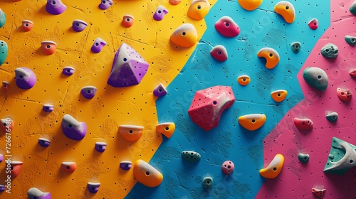 Indoor rock climbing wall with colorful holds for climbing enthusiasts and fitness training photo
