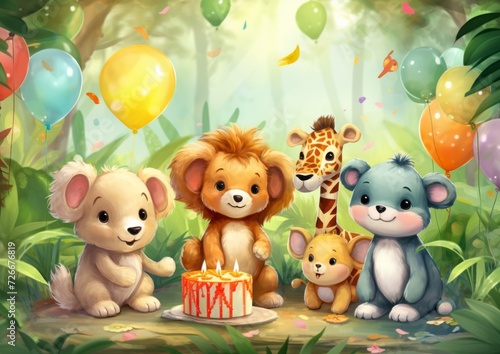 Children s cute animals celebrate their birthday. Lion  mouse  tiger and fat cartoon characters