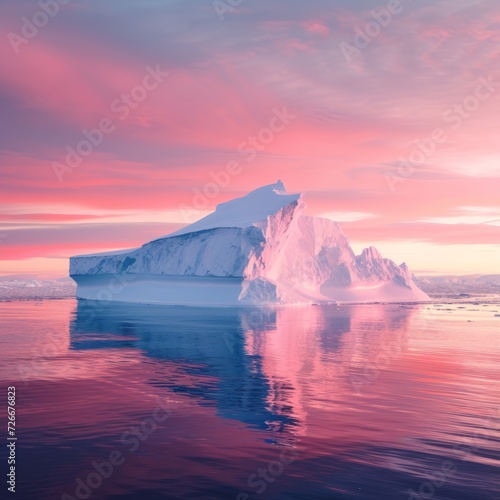 Antarctic iceberg in the snow floating in open ocean. Pink sunset sky in the background.