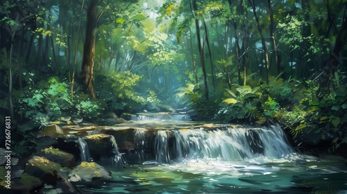 Beautiful stream painting in tropical forest - beautiful natural landscape in the forest