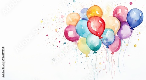 White isolated background with colorful balloons in watercolor style. Happy birthday greeting card and wallpaper. banner