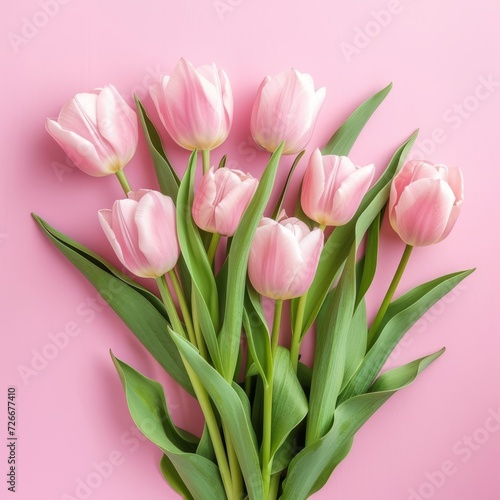 pink tulips on pink isolated background. Card for valentine's day, women day, birthday, wedding