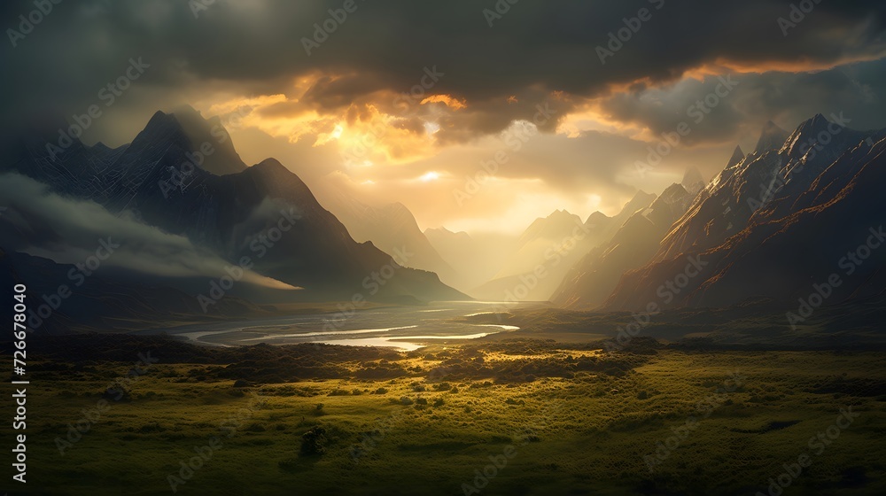 Beautiful panoramic view of the mountains and lake at sunset