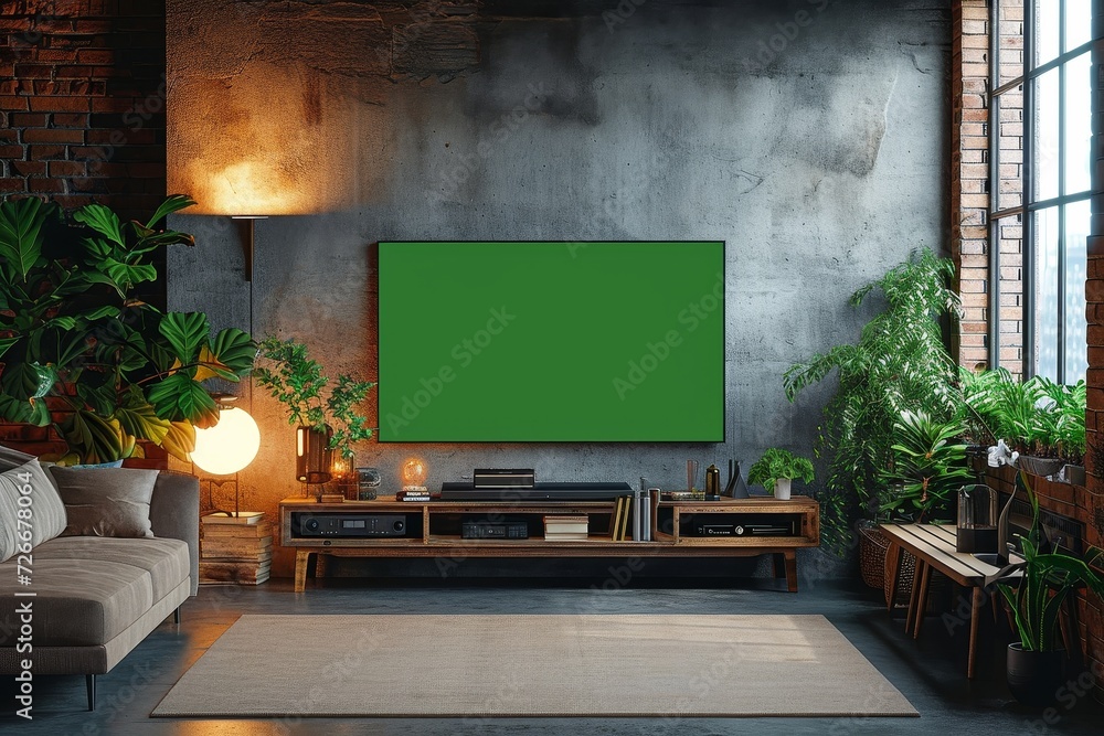 A cozy living room oasis with a lush indoor garden and modern furniture, including a stylish sofa bed and sleek television, all nestled against a striking green wall A cozy living room oasis with a lush indoor garden and modern furniture, including a stylish sofa bed and sleek television, all nestled against a striking green wall