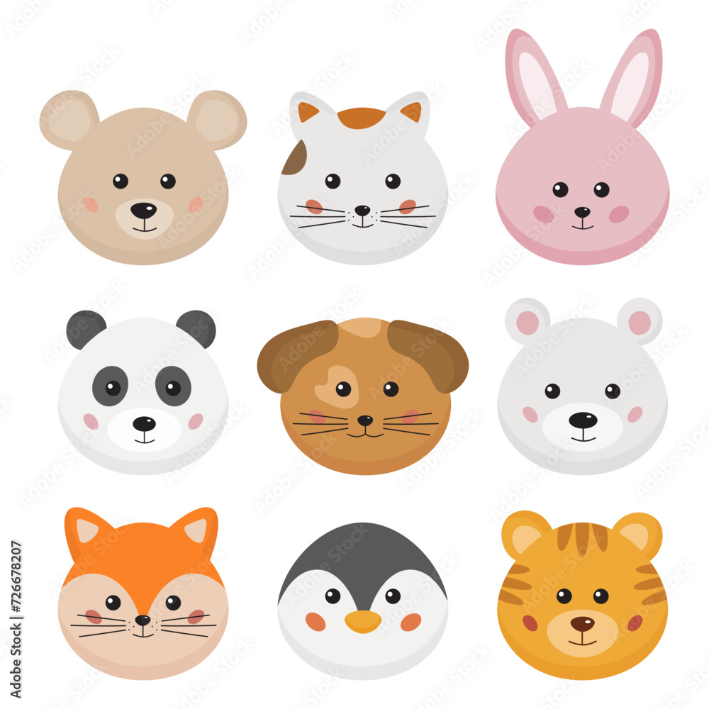 Cartoon cute animals faces collection for baby card, prints, invitation. Cute funny jungle, forest and farm animals icon, portrait set isolated on white background. Bunny, cat, fox, tiger, panda, dog.