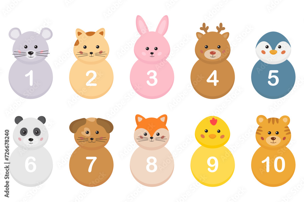 Cute numbers from 1 to 10 with funny animals characters. Collection of number for kids for counting, learning math. Math numbers set for home school mathematics games. Kids preschool counting. Cute numbers from 1 to 10 with funny animals characters. Collection of number for kids for counting, learning math. Math numbers set for home school mathematics games. Kids preschool counting.