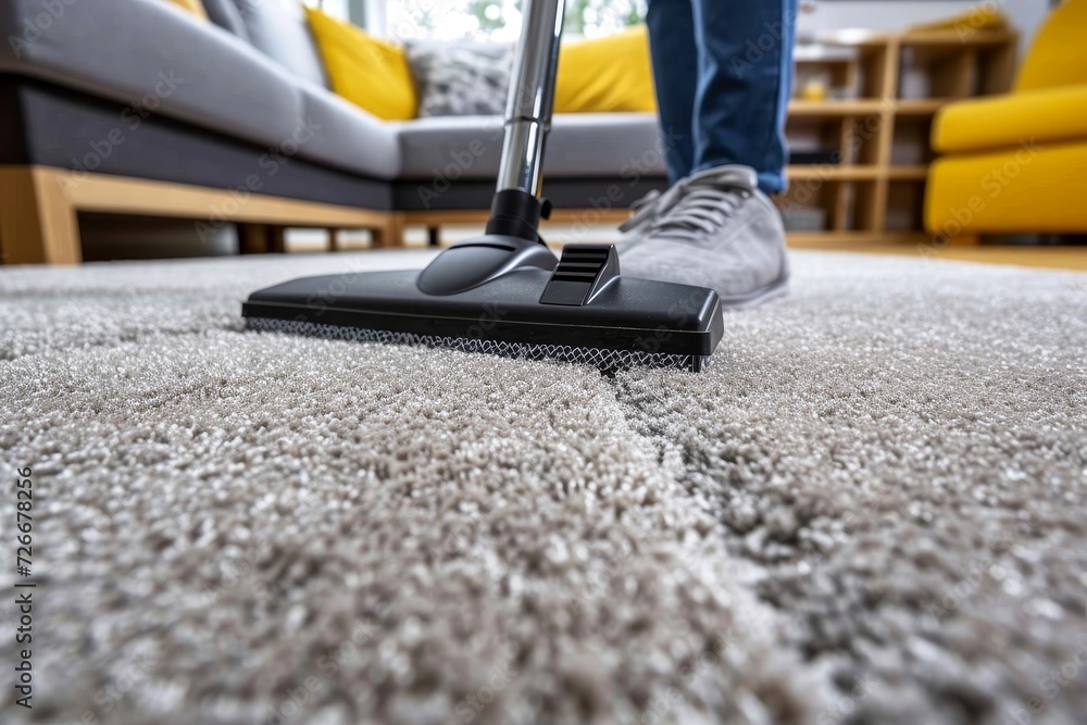 A person meticulously cleans their indoor carpet with a gray vacuum cleaner, their feet snugly covered in sneakers, while outside the busy street bustles with a sea of footwear
