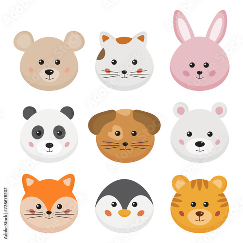 Fototapeta Naklejka Na Ścianę i Meble -  Cartoon cute animals faces collection for baby card, prints, invitation. Cute funny jungle, forest and farm animals icon, portrait set isolated on white background. Bunny, cat, fox, tiger, panda, dog.