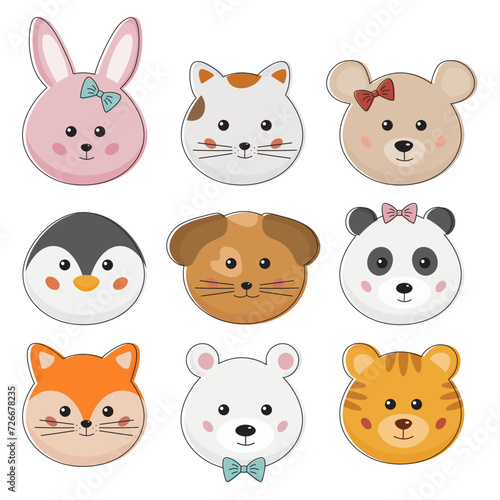 Cartoon cute animals faces collection for baby card, prints, invitation. Cute funny jungle, forest and farm animals icon, portrait set isolated on white background. Bunny, cat, fox, tiger, panda, dog.