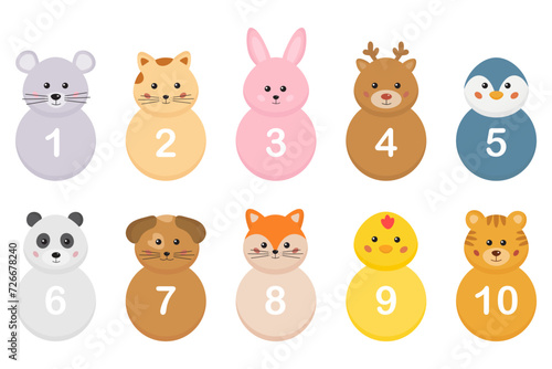 Fototapeta Naklejka Na Ścianę i Meble -  Cute numbers from 1 to 10 with funny animals characters. Collection of number for kids for counting, learning math. Math numbers set for home school mathematics games. Kids preschool counting.