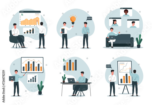 Business people illustration set. Work in the office and work from home. Characters work in a team, communicate with each other. Сoncept of working in the office and at home . Vector illustration.