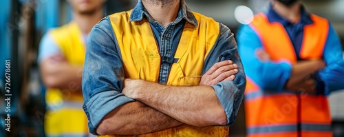 A stoic man stands outdoors, his arms crossed in defiance, wearing a vibrant yellow vest over his jacket and shirt