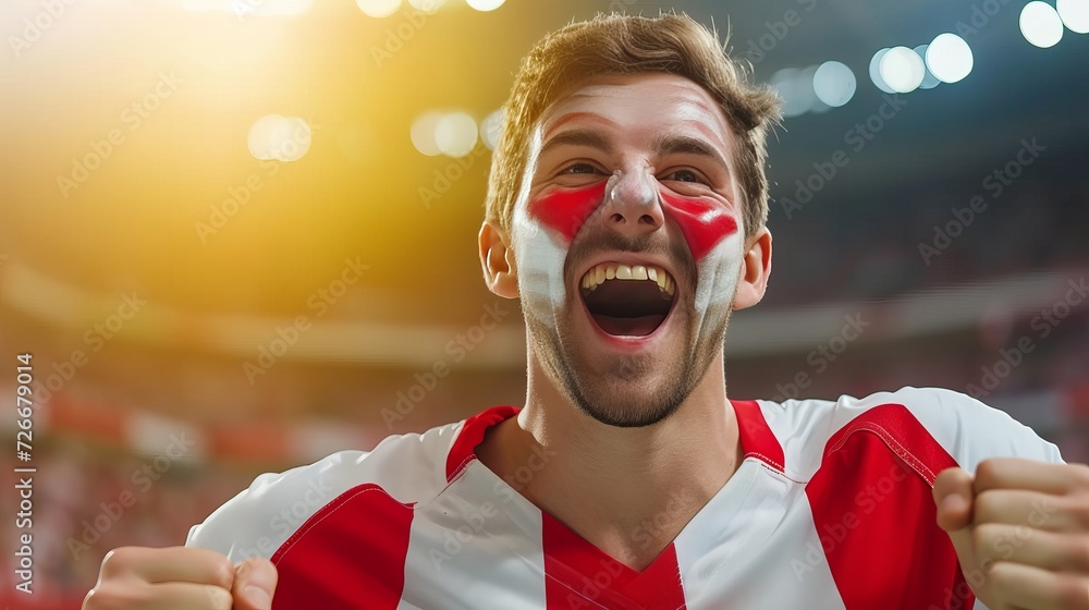 Happy england fan with face painted in flag colors cheering at football stadium with copy space
