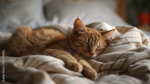 Sleeping cat on a bed near a sunny window, tabby cat lying on bed, generative ai