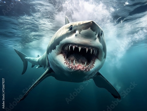 Angry white shark is swimming with its mouth open © Generative Ai