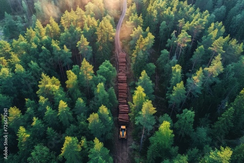 Amidst the vibrant autumn hues, a lone tractor navigates through the towering conifers of an old-growth forest, enveloped in a tranquil canopy of larch and spruce