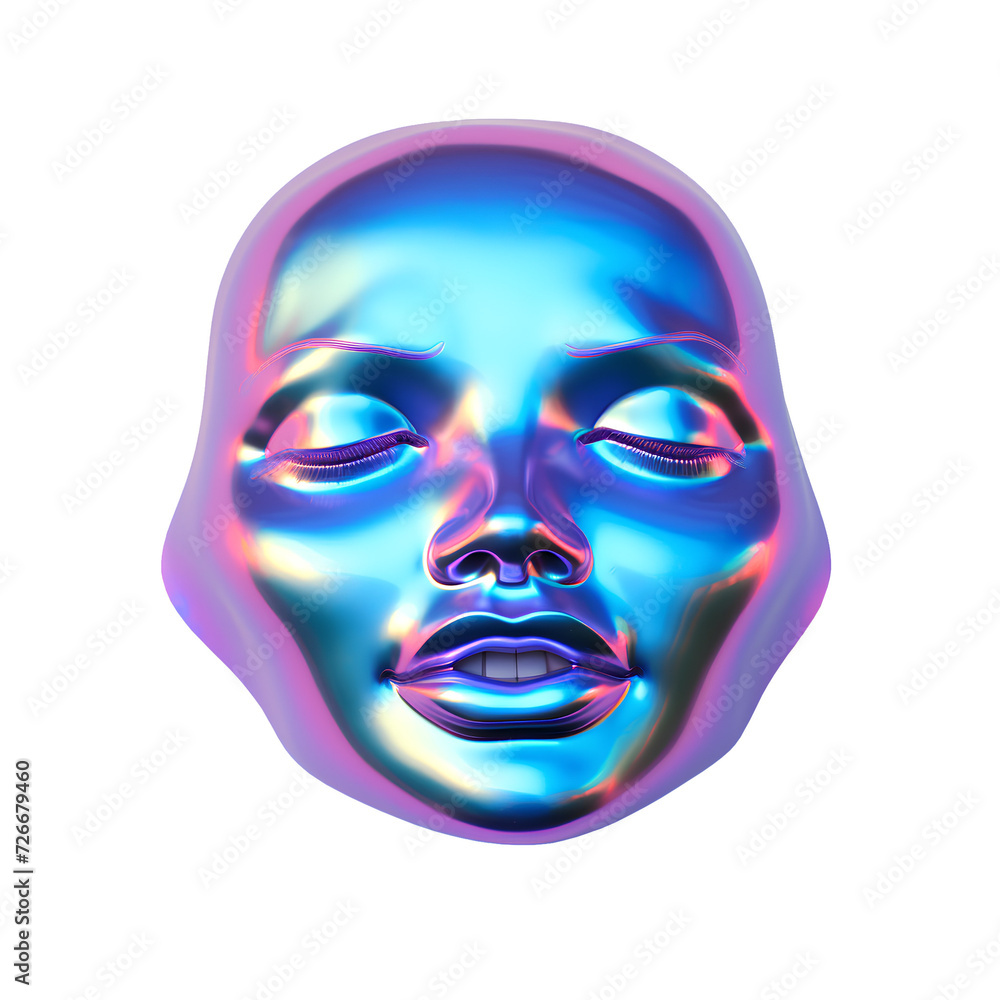 Face mask isolated thrown on blank ground, metal highly reflective surface, lips parted, eyes closed, in an internal joy of satisfaction. PNG Background. Face mask isolated thrown on blank ground, metal highly reflective surface, lips parted, eyes closed, in an internal joy of satisfaction. PNG Background.