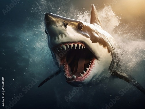 Angry white shark is swimming with its mouth open