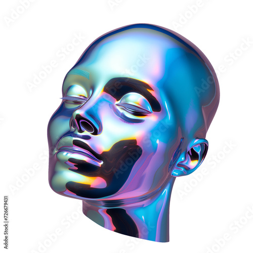 Human female faces in holographic chrome colors that flow like liquid all over showing color spectrum of rainbow. PNG removeable background.  photo