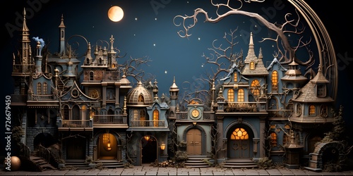 3D illustration of a fantasy castle at night in the moonlight