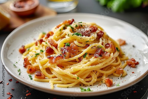 An aromatic dish of perfectly al dente spaghetti topped with crispy bacon, grated parmesan cheese, and a rich pasta pomodoro sauce, embodying the essence of italian cuisine and the comfort of a warm  photo